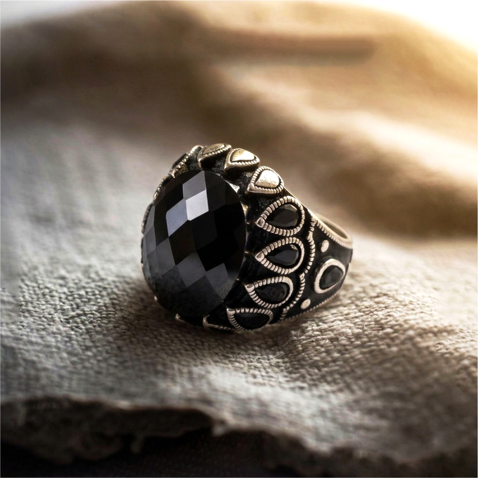 Black Onyx Oxidised 925 Silver Ring - Image 2