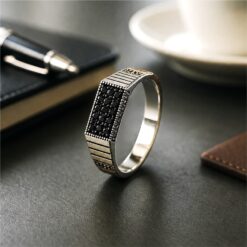 Alternative view of Black Stone Rectangular 925 Silver Ring