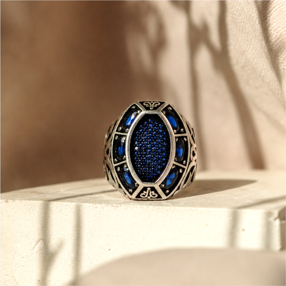 Blue Stone Oxidised 925 Silver Ring - Image 2