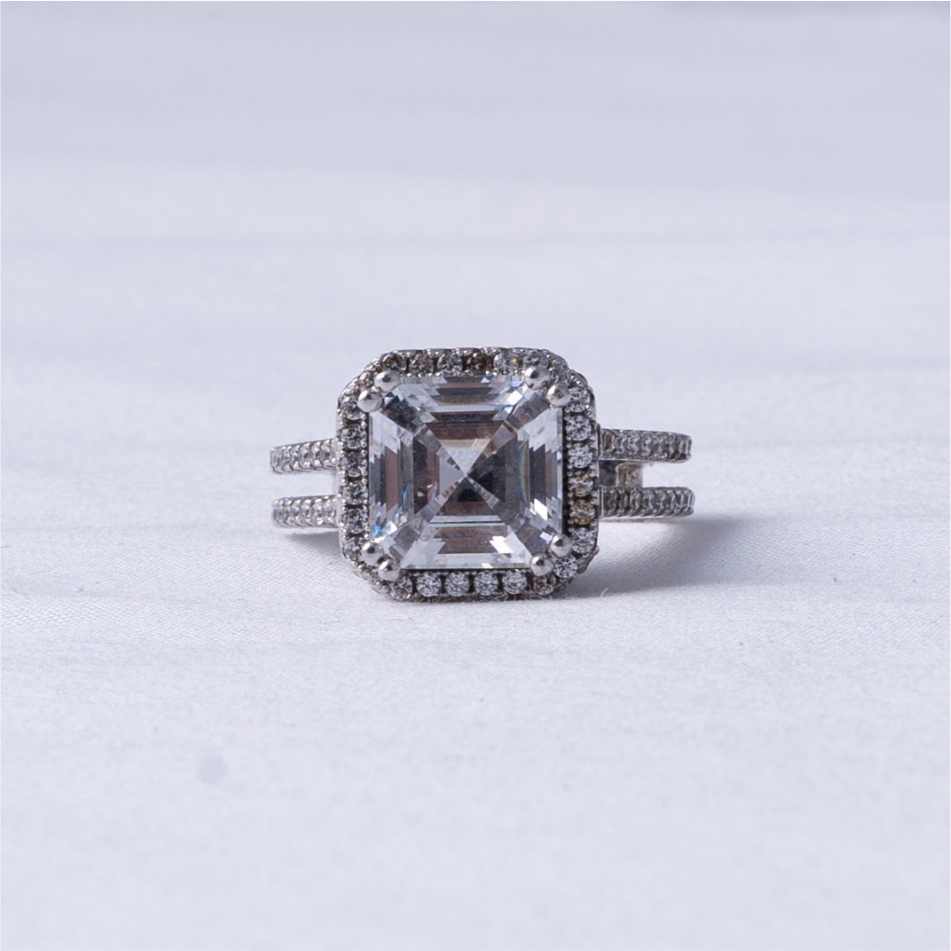 Emerald Cut Halo 925 Silver Ring