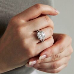 Alternative view of Emerald Cut Halo 925 Silver Ring