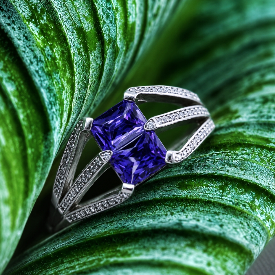 Geometric Purple CZ Split Shank Statement Ring - Image 2