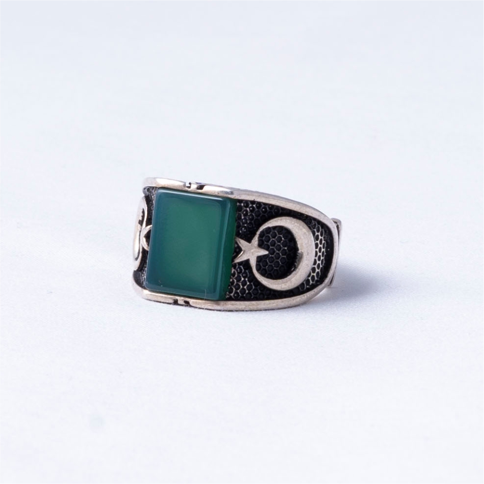 Green Stone Crescent 925 Silver Ring - Image 3
