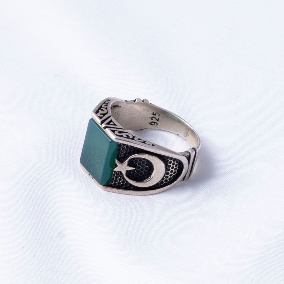 Green Stone Crescent 925 Silver Ring - Image 4