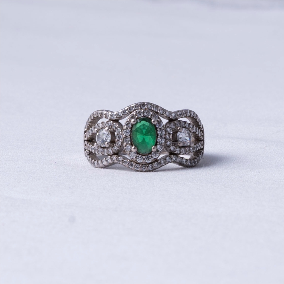 Green Stone Halo 925 Silver Ring