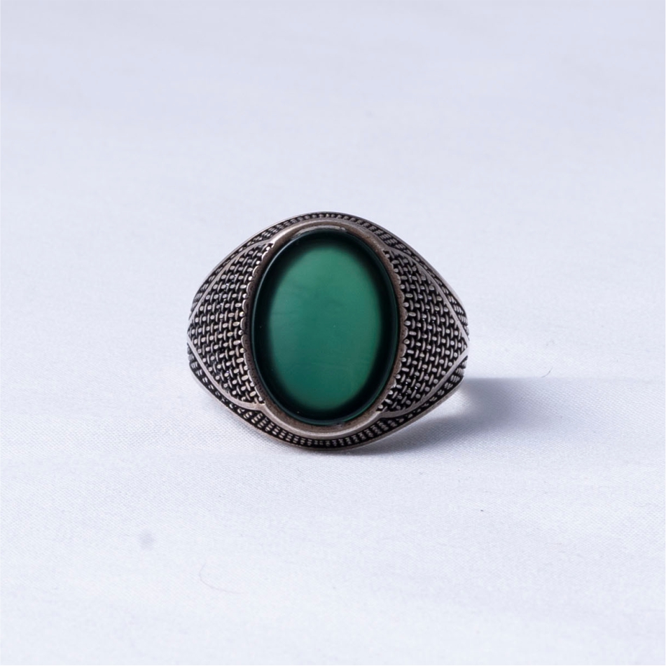 Green Stone Oxidised 925 Silver Ring