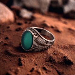 Alternative view of Green Stone Oxidised 925 Silver Ring