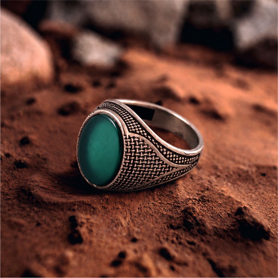 Green Stone Oxidised 925 Silver Ring - Image 2