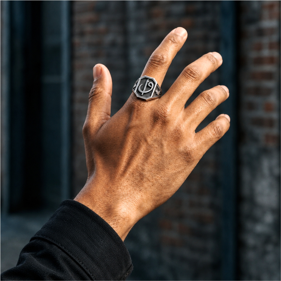 Khanda Symbol Oxidised 925 Silver Ring - Image 4
