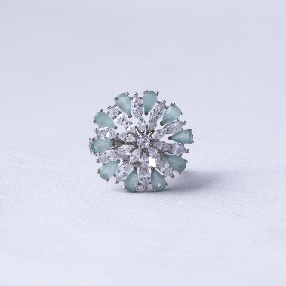Mint Floral Crystal Coktail Ring