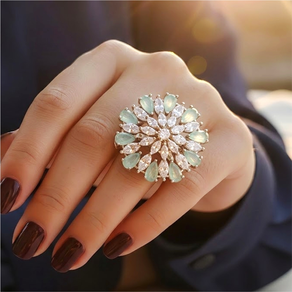 Mint Floral Crystal Coktail Ring - Image 2