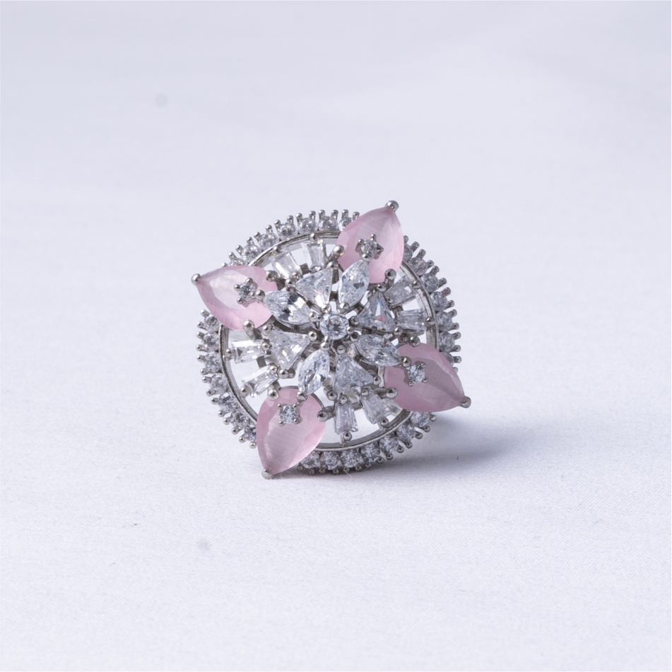 Pink Floral Halo 925 Silver Ring