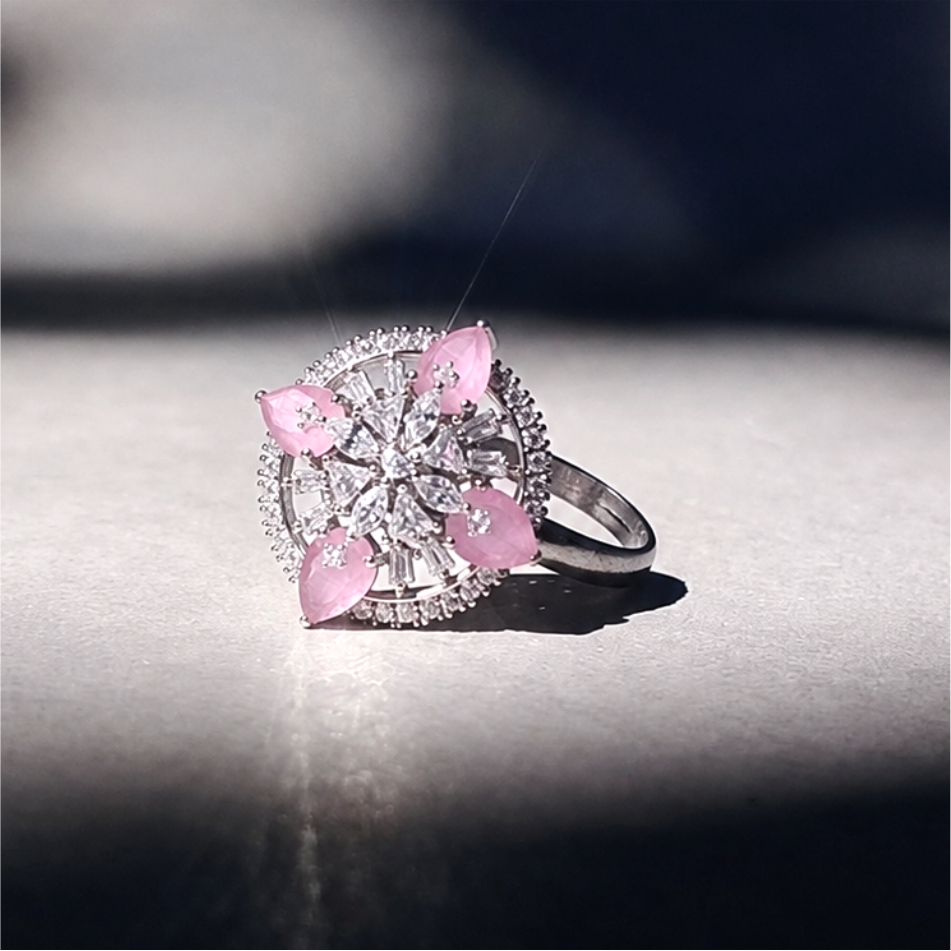 Pink Floral Halo 925 Silver Ring - Image 4
