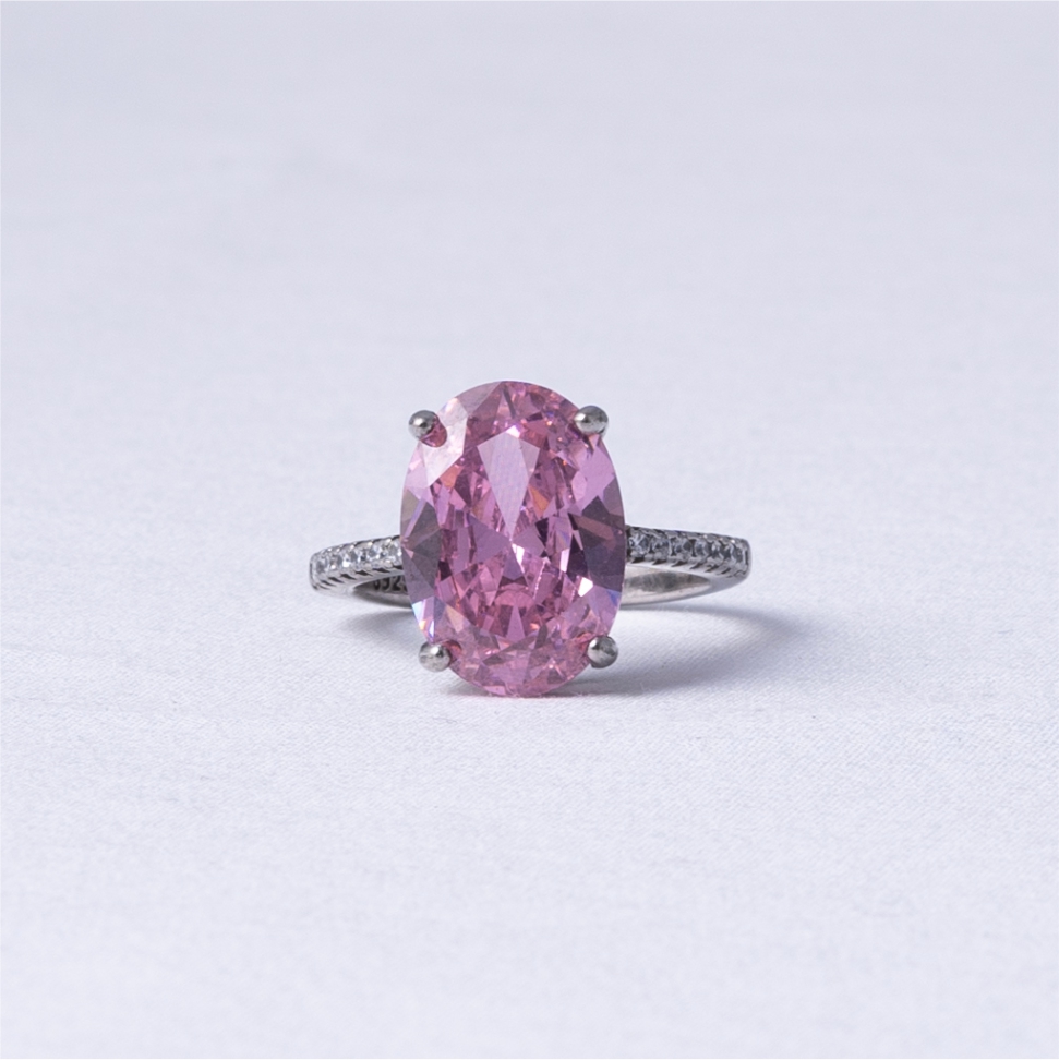 Pink Oval Solitaire CZ Ring