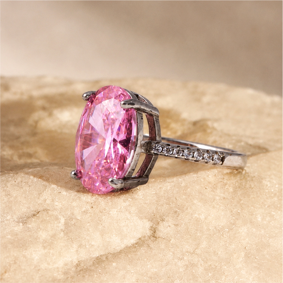 Pink Oval Solitaire CZ Ring - Image 2