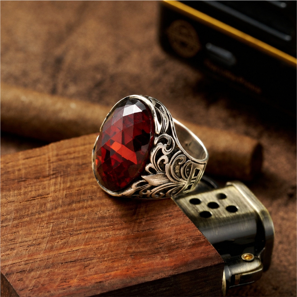 Red Stone Vintage 925 Silver Ring - Image 2