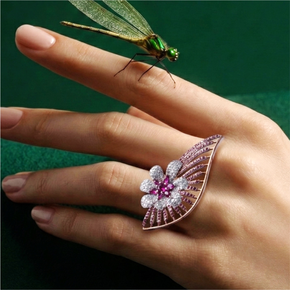 Ruby Floral Fan 925 Silver Ring - Image 2