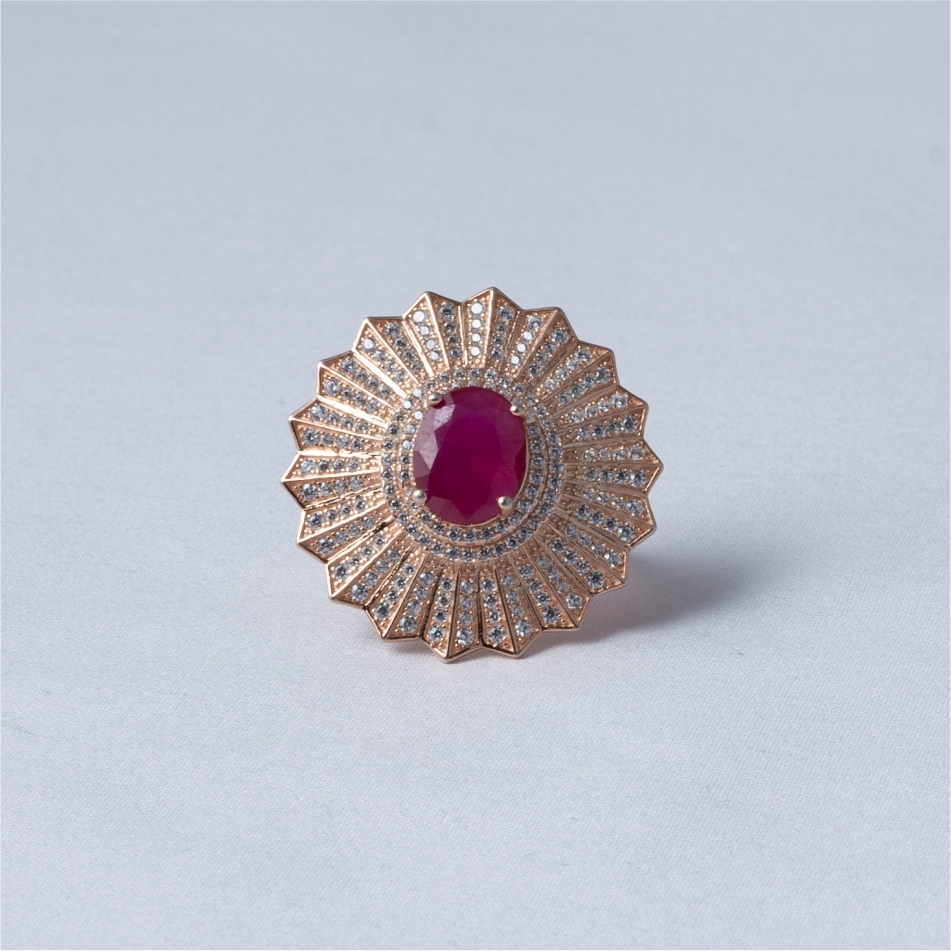 Ruby Sunburst Rose Gold Plated 925 Silver Ring