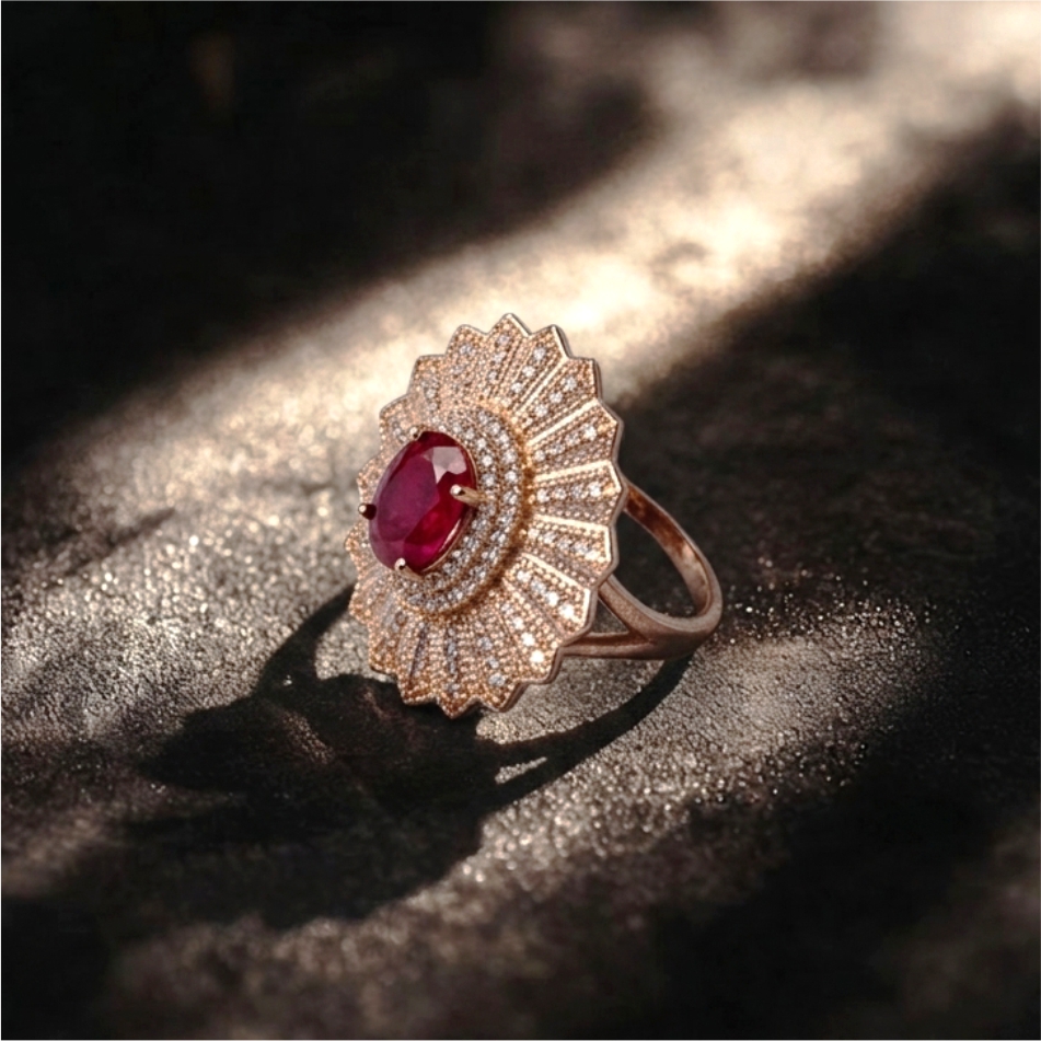 Ruby Sunburst Rose Gold Plated 925 Silver Ring - Image 2