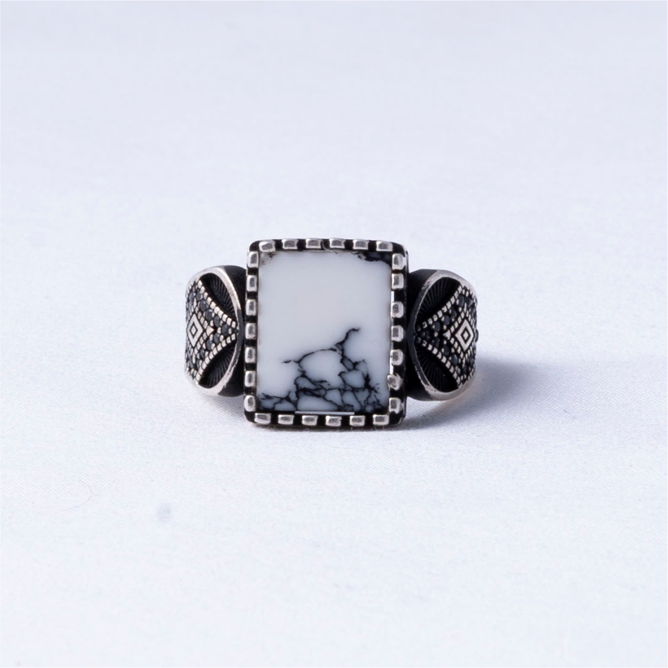 White Marble Stone Oxidised 925 Silver Ring