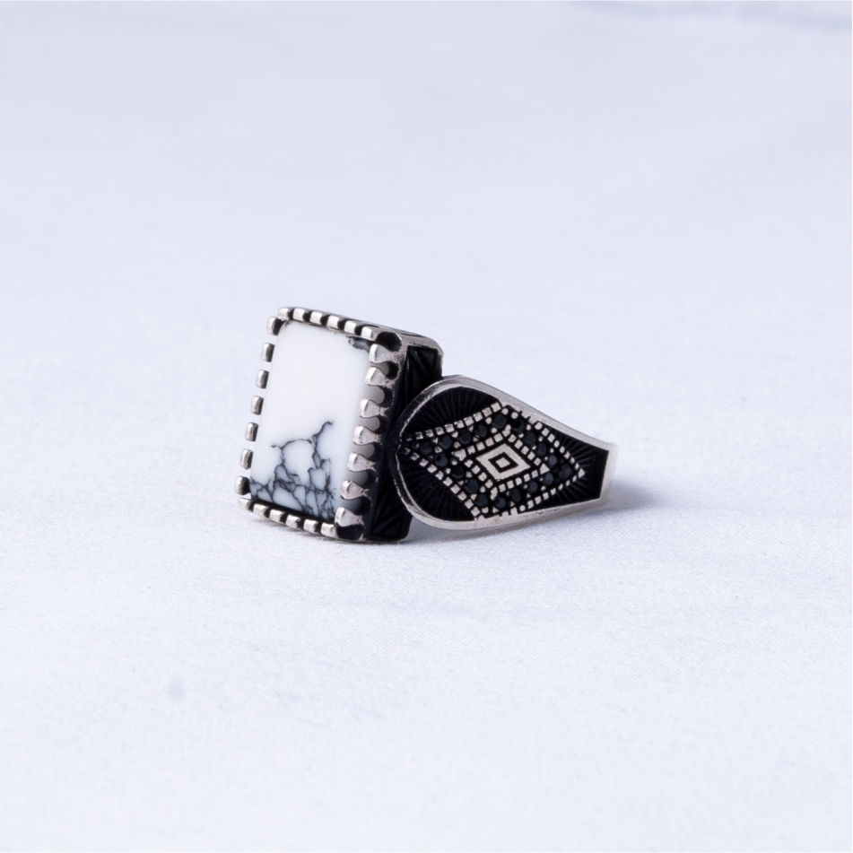 White Marble Stone Oxidised 925 Silver Ring - Image 2