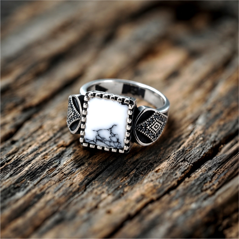 White Marble Stone Oxidised 925 Silver Ring - Image 4