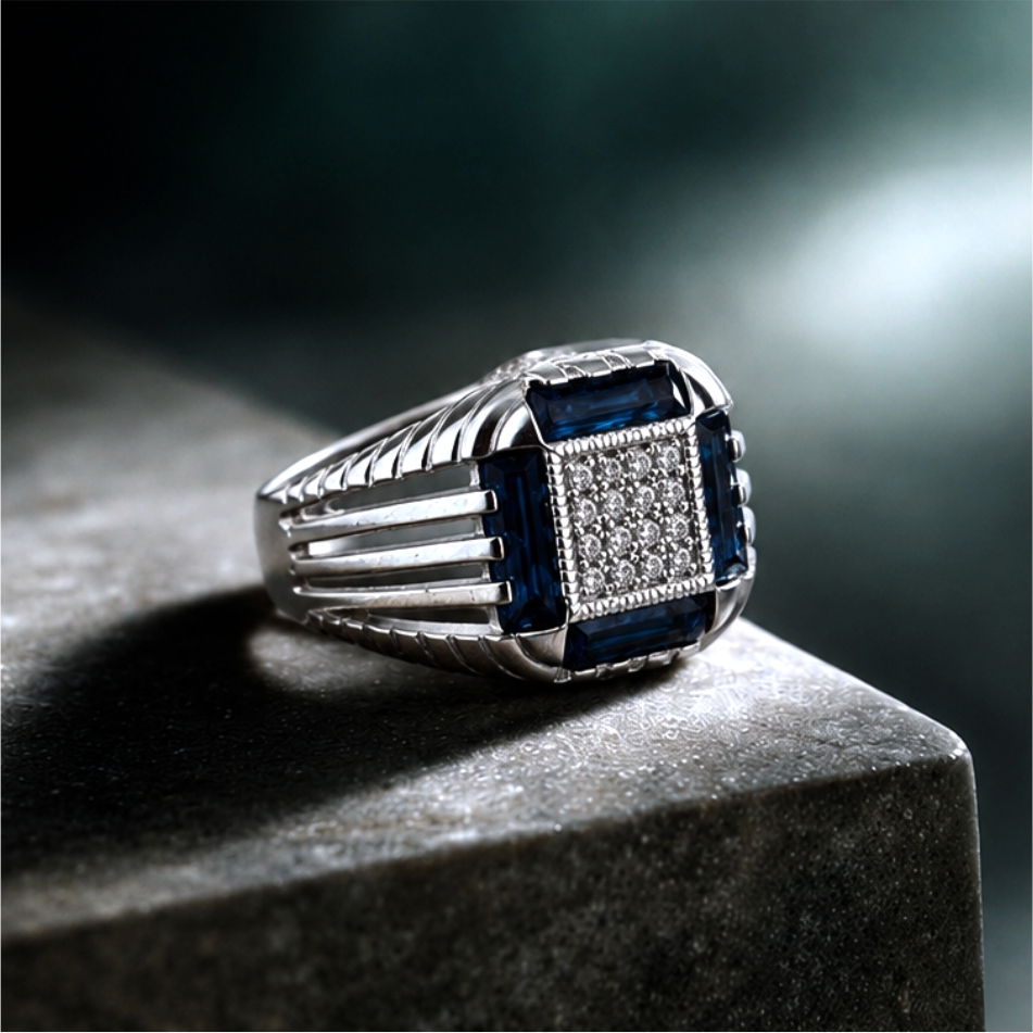Blue Stone Square CZ 925 Silver Ring - Image 2