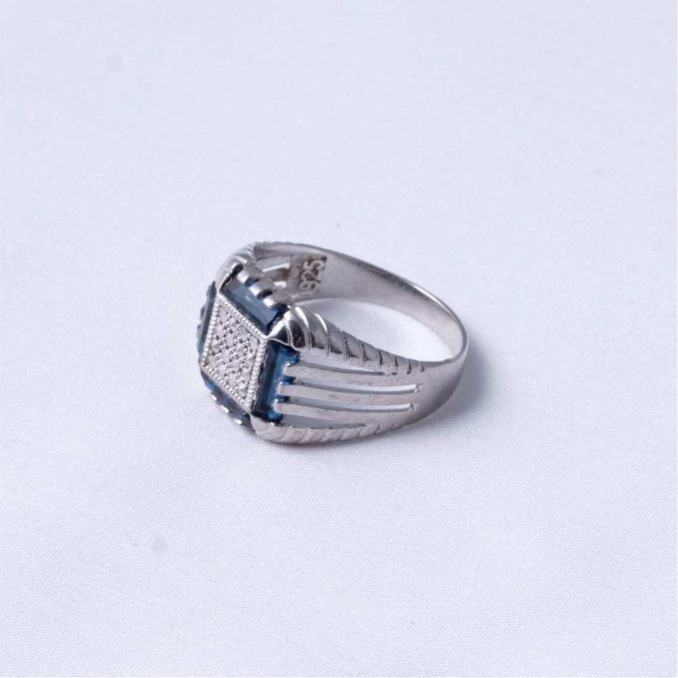 Blue Stone Square CZ 925 Silver Ring - Image 4