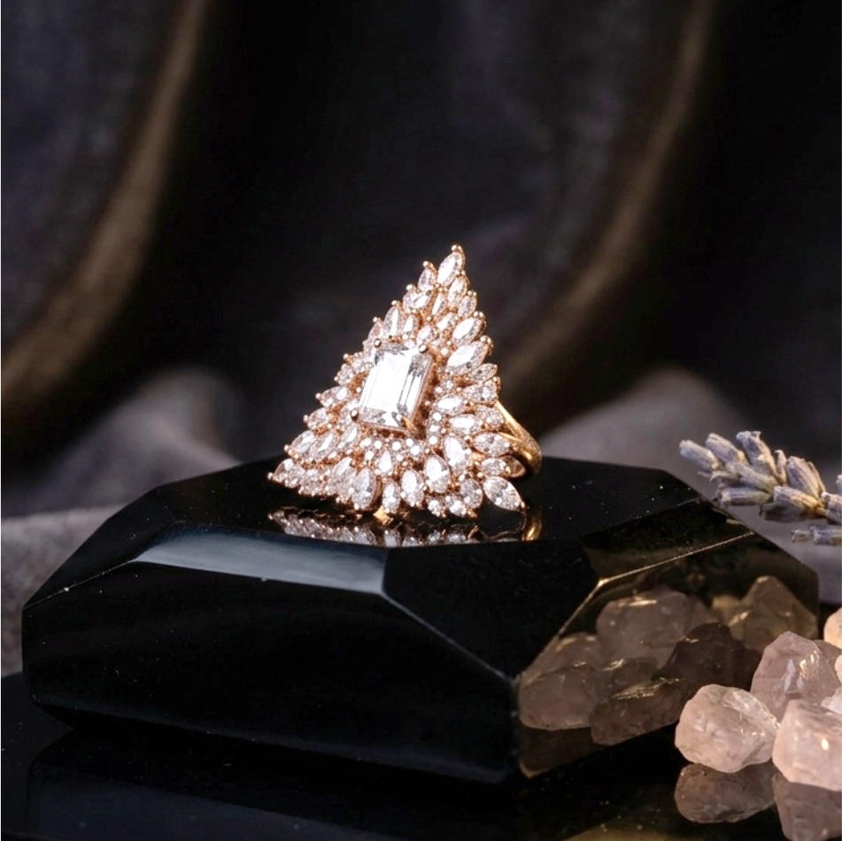 Rose Gold Floral CZ 925 Silver Ring - Image 2