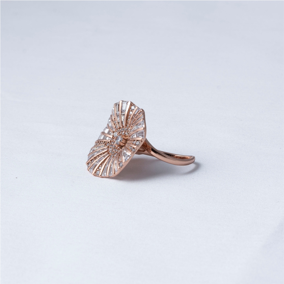 Rose Gold Sunburst CZ 925 Silver Ring - Image 3