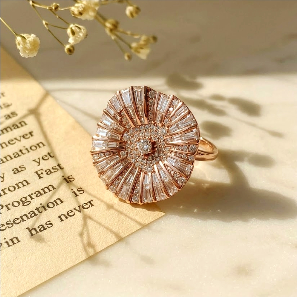 Rose Gold Sunburst CZ 925 Silver Ring - Image 2