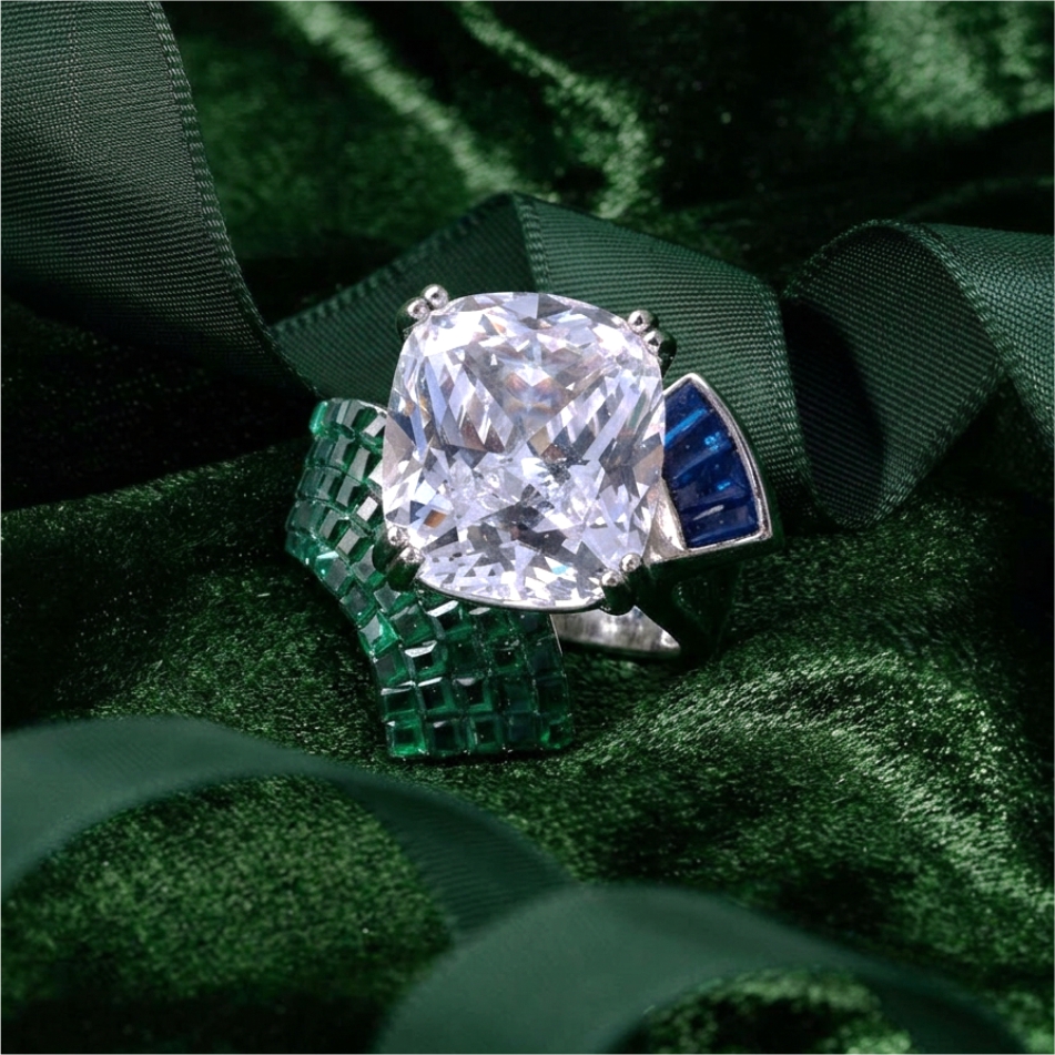 CZ Solitaire Green Blue Designer 925 Silver Ring - Image 2