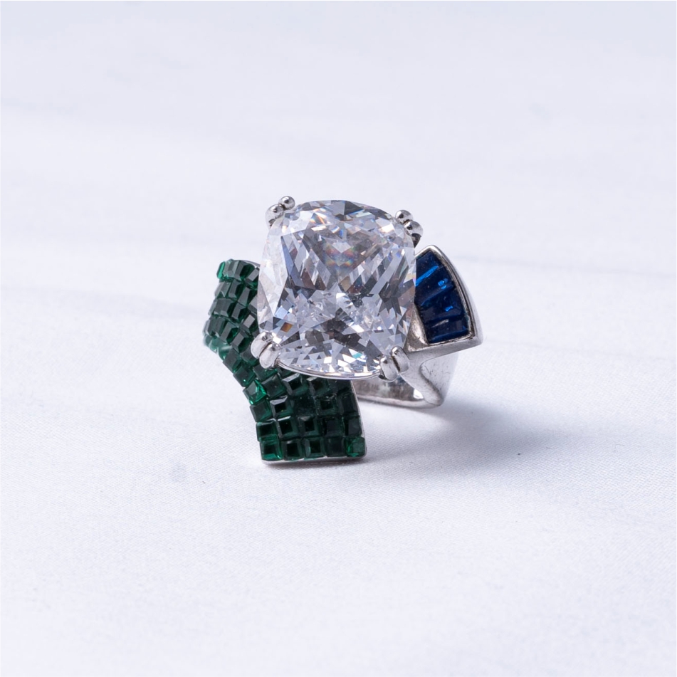 CZ Solitaire Green Blue Designer 925 Silver Ring
