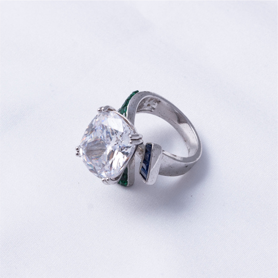 CZ Solitaire Green Blue Designer 925 Silver Ring - Image 4