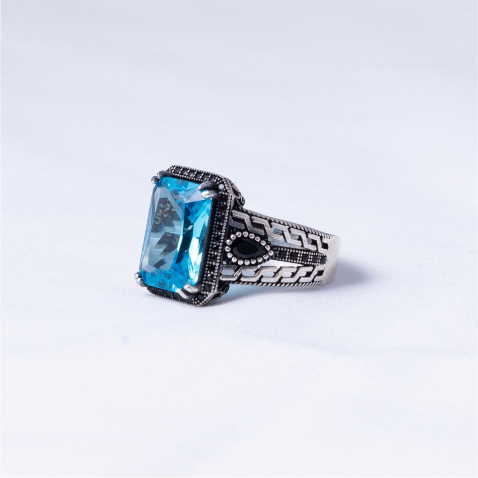 Sea Blue Stone Vintage 925 Silver Ring - Image 3