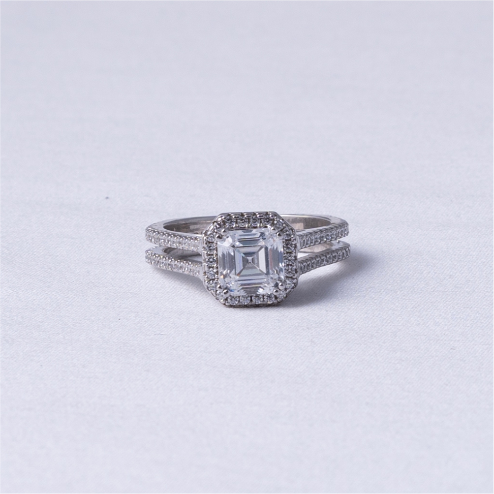 Asscher Cut Halo CZ 925 Silver Ring