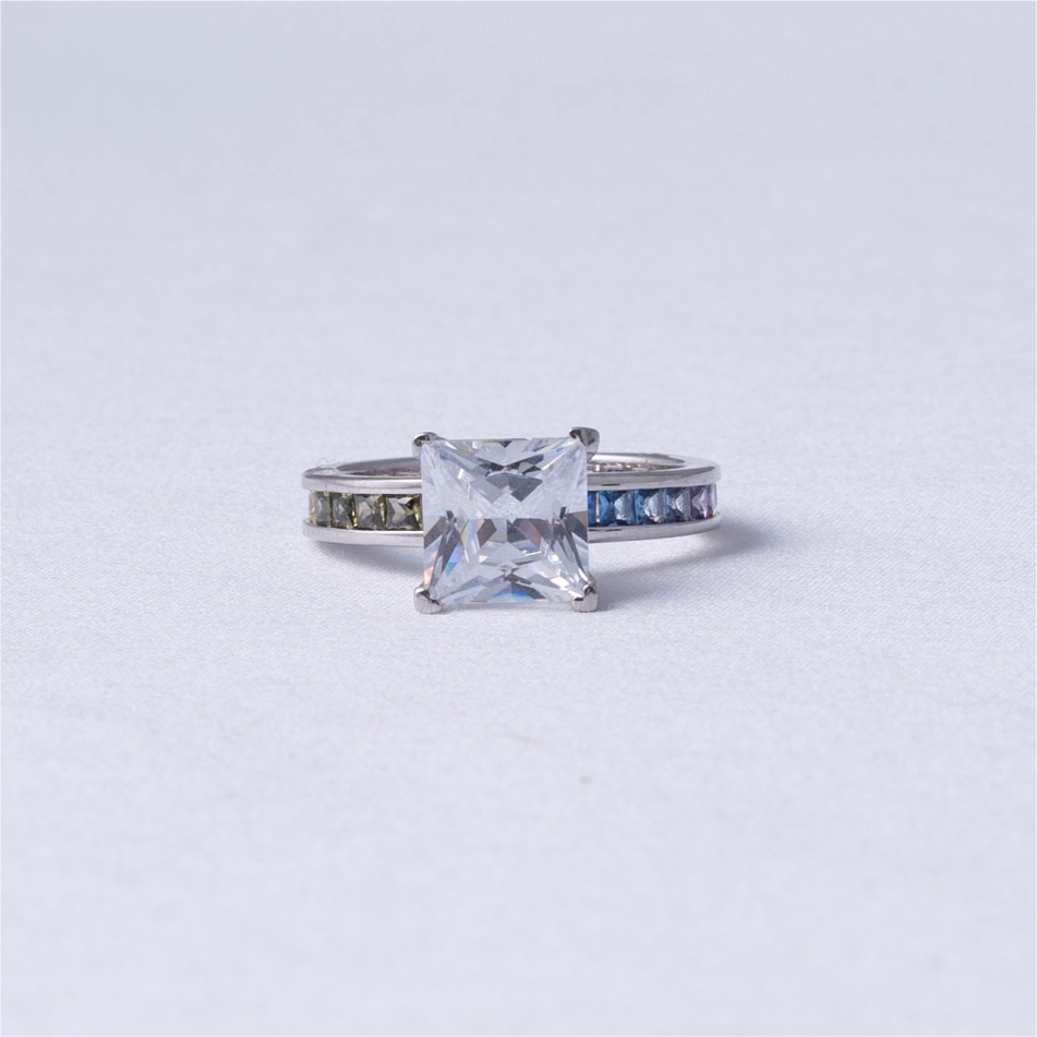 Princess Cut CZ Rainbow Band 925 Silver Ring