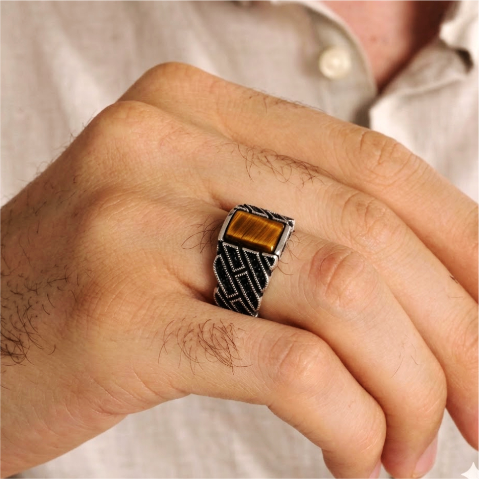 Tiger Eye Turkish 925 Silver Men's Ring - Image 2