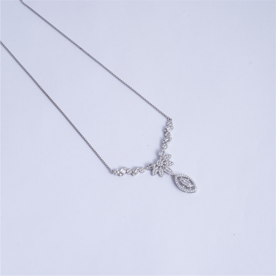 925 Silver Baguette CZ Floral Pendant Necklace Set - Image 3