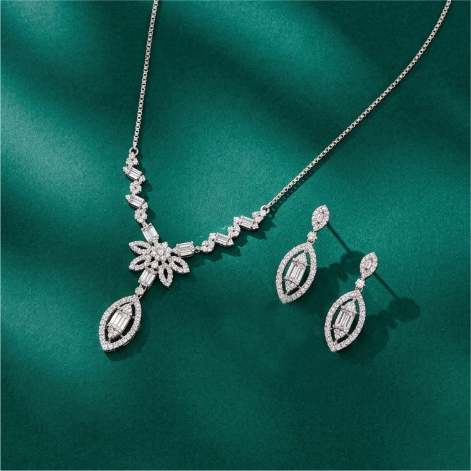 925 Silver Baguette CZ Floral Pendant Necklace Set - Image 2