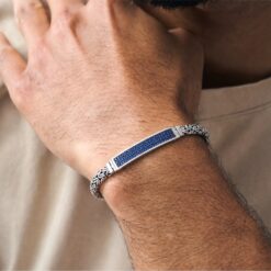 925-Silver-Blue-CZ-Byzantine-ID-Bracelet-for-Men