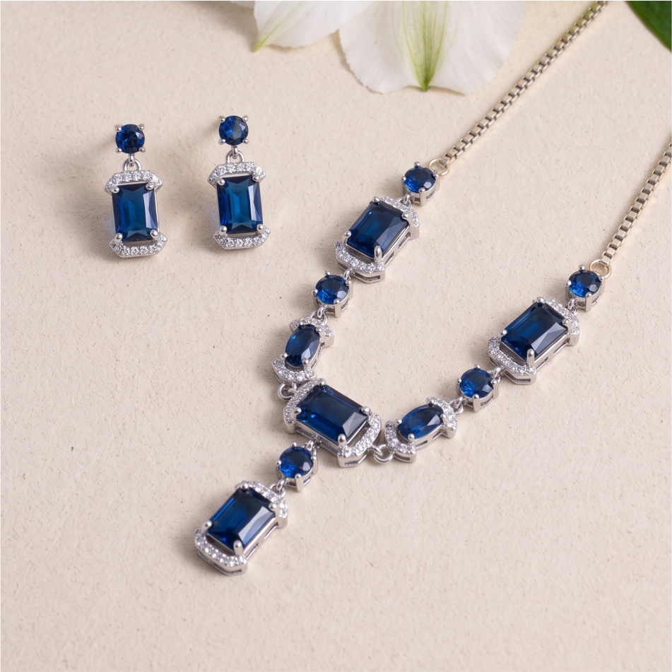 925 Silver Blue Sapphire CZ Pendant Necklace Set - Image 2