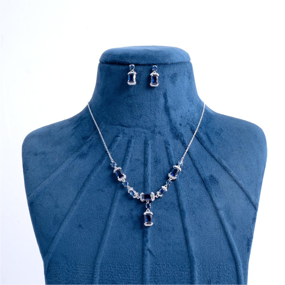 925-Silver-Blue-Sapphire-CZ-Pendant-Necklace-Set