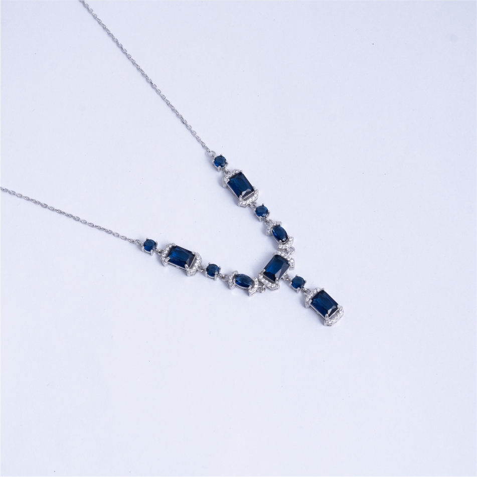 925 Silver Blue Sapphire CZ Pendant Necklace Set - Image 3