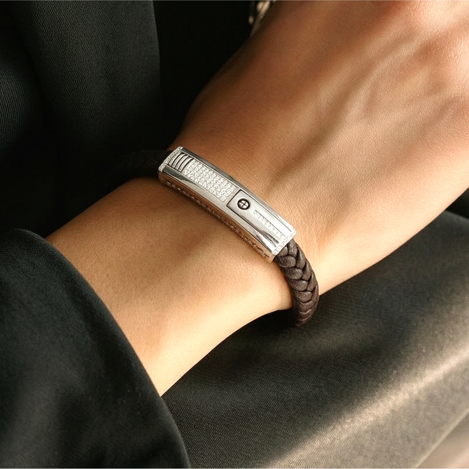 925 Silver Braided Leather ID Bracelet - Image 2