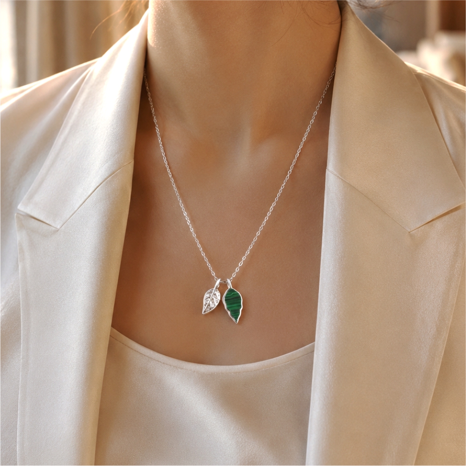 925 Silver Dual Leaf Malachite Pendant Necklace - Image 2
