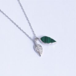 925 Silver Dual Leaf Malachite Pendant Necklace - Image 3