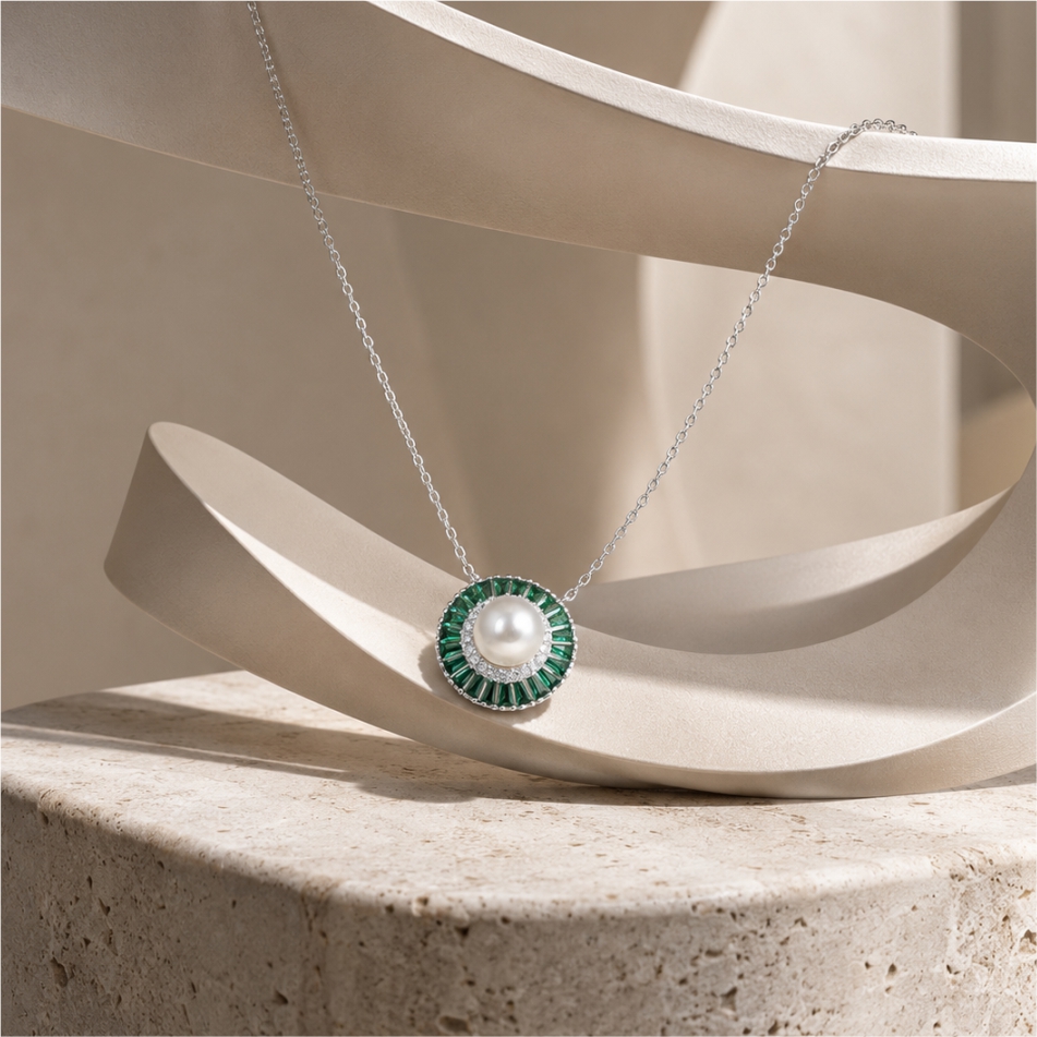 925 Silver Emerald Green Pearl Halo Pendant Necklace - Image 2