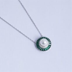 925 Silver Emerald Green Pearl Halo Pendant Necklace - Image 3