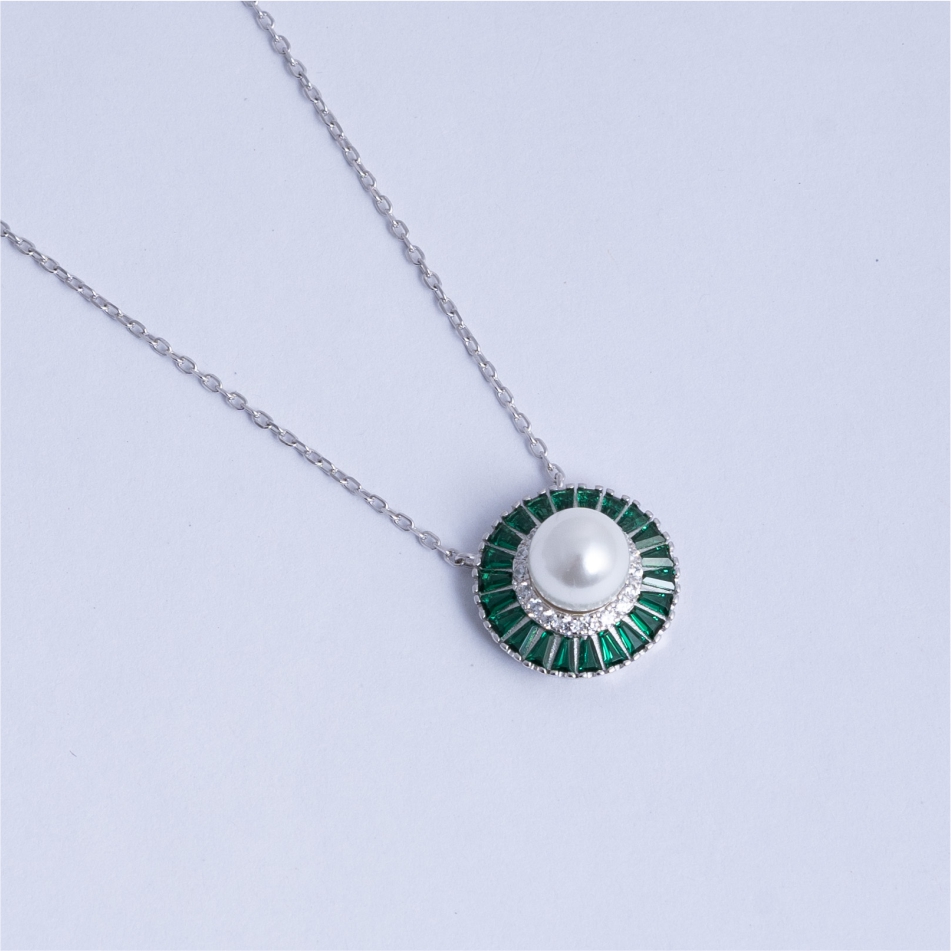 925 Silver Emerald Green Pearl Halo Pendant Necklace - Image 3